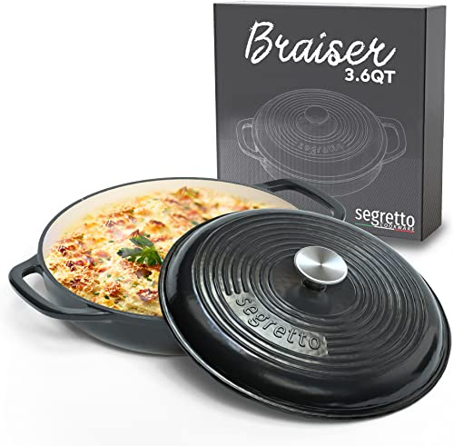 Segretto Cookware Enameled Cast Iron Braiser, 3.6 Quarts, 30cm, Black