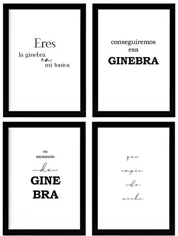 Nacnic 4er Poster Set Gin. Ästhetischer Wandkunstdruck für die Innenarchitektur. Typografie-Stil Raumdekoration. Größe A3. Mit schwarzer Rahmen.