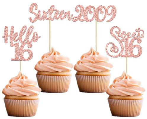 Gyufise 24pcs 16th Birthday Cupcake Toppers - Rose Gold Glitter Hello Sweet 16 Cake Decorations for Parties