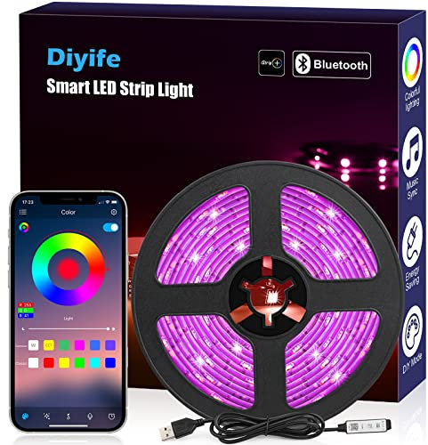 Diyife 5M LED Strip [App & Button Steuerung], RGB LED Streifen Bluetooth-Verbindung, USB-Schnittstelle Flexibel Lichterkette Band, Timer/Musik/Sprachsynchronisation Farbe Ändern DIY Computer, Autos