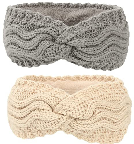 KARLOR Stirnband Winter Damen, 2 Pcs Haarband Strick, gestrickt warme Stirnbänder Ohrenwärmer elastische Haarbänder, innen mit Flaum Verdicken Headwrap Kopfband Haarband grau weiß für Frauen Mädchen