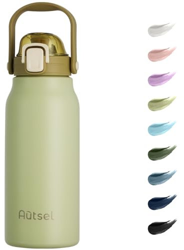 Autsel Bouteille Isotherme 1.7L Gourde Inox Isotherme avec Paille Gourde Sport Étanche Gourde Musculation avec Poignée, pour Le Sport, La Randonnée, La Maison, en Plein Air