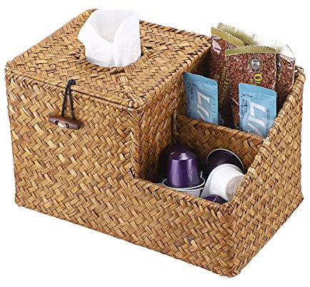 BTSKY Household Seagrass Facial Tissue Box With Two Side Storage Pockets - Decorative Woven Wicker Tissue Holder With Multi-Functional Side Slots For Remote Control Cosmetics Pens Pencils, Caramel