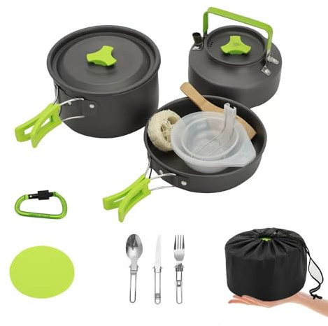 Shoze 15PCS Camping Cookware Kit, Camping Cooker Pan Set for 2-3People, with Stainless Steel Cups Plates Forks Knives Spoons for Outdoor Cooking/Picnic/Travel/Camping/Hiking
