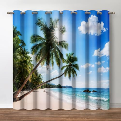 Jekeno Tropischer Ozean, Verdunkelungsvorhänge, Strand, Hawaii, Palme, Blauer Himmel, Meer, Thema, Fenstervorhänge für Schlafzimmer, Wohnzimmer, 132 cm breit 213 cm lang, 2 Paneel-Set
