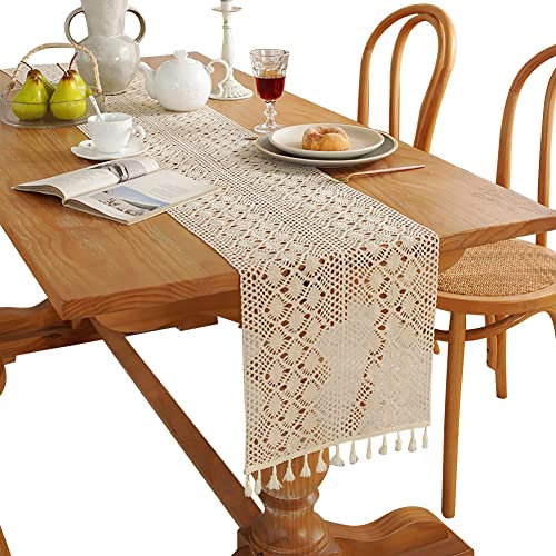 LICHENGTAI Tischläufer Baumwolle Tischwäsche Natürlicher Sackleinen-Tischläufer, Tischdecke Läufer Tischband mit handgefertigten Quasten, für Landhausstil Tabletop Dekor Picknick Party Küche Hochzeit