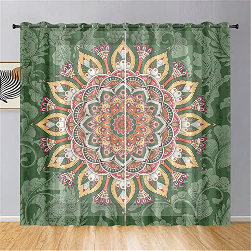 Hiseng Mandala Voile Vorhänge mit Ösen Durchsichtig Halbtransparent Ösenvorhang für Fenster Wohnzimmer Schlafzimmer Moderne und Elegante Transparent Gardine 2er Set (107x244cm,Grün Mandala)