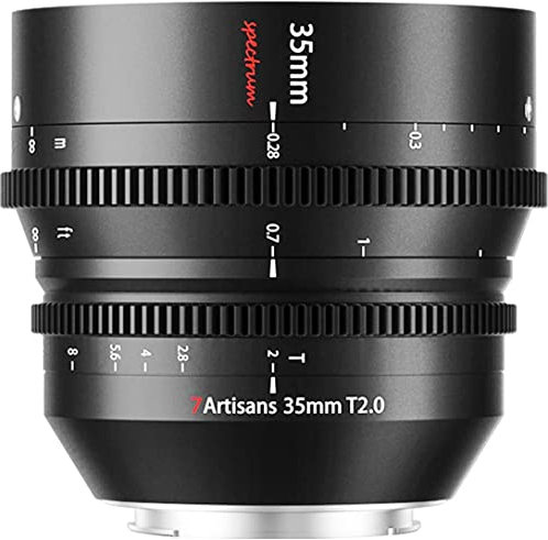 7artisans 35 mm T2.0 große Blende, Cinea-Objektiv, kompatibel mit Sony E Mount Kamera, manueller Fokus, Vollrahmen, geringe Verzerrung, Kinoobjektiv für A7 Serie FX3 A7S3 A7M3 A7R3 A7M4, Schwarz
