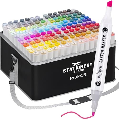 STATIONERY ISLAND Marker Stifte Transportbox – Alcohol Marker für Mandalas, Zeichnen, Malen für Erwachsene, Grafikdesign, Anime, Comic und Manga Art (168 Farben)