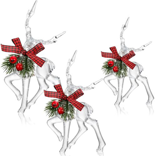 Jenaai 3 Stück Weihnachten Rentier Figur Acryl Rentier Schreibtisch Dekorationen Hirsch Figur Weihnachten Mittelstücke für Tische mit grüner Tannennadel und roten Beeren Weihnachtsfiguren für