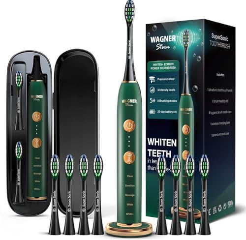 Wagner & Stern WHITEN+ Edition. Smart Electric Toothbrush with Pressure Sensor. 5 Brushing Modes and 3 Intensity Levels, 8 Soft nrush Heads, Premium Travel Case.