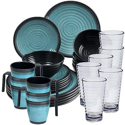 Melamin Geschirr Set 30 Teile Elegante Steingut Optik in blau mit Tassen Wasserglas 400ml klar - für 6 Personen Essgeschirr Gläser Wasserglas Tumbler Whiskey Campinggeschirr Camping Outdoor
