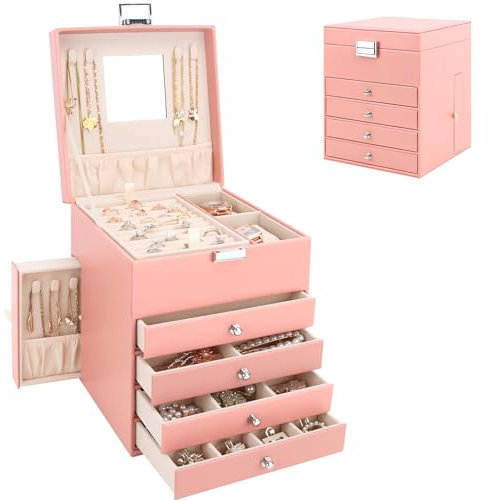 Scatola Portagioie a 5 livelli, Grande Porta Gioielli in Pelle PU con 6 Cassetti, Grande Organizzatore di Gioielli per Anelli Orecchini Bracciali Collane, Rosa