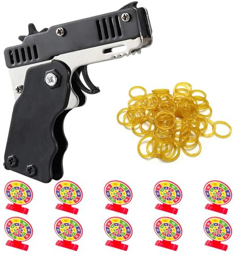 1 Stück Mini-Metall-Gummigürtelpistole Mit 60 Stück Gummibändern, 10 Stück Kunststoff-Schießziele, Tragbare Gummigürtelpistole, Projektilspielzeug Mit Schlüsselanhänger (Schwarz)