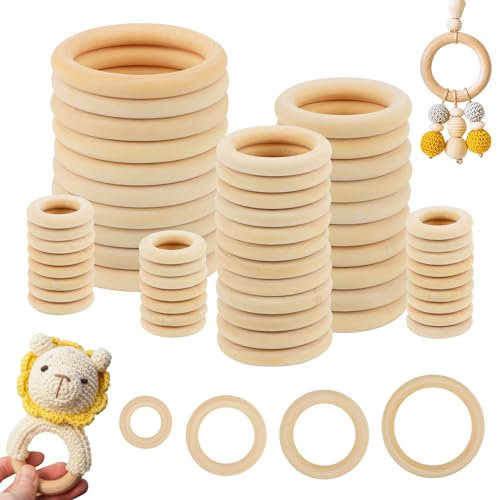 REAQUE 56 Holzringe zum Basteln, Ø (30mm, 50mm, 60mm, 80mm) - Natürliche Runde Holzkreise für Makramee, Hölzerne Kunst, Unvollendete Ringe für DIY Anhänger, Wandbehänge, Unbehandeltes Holz