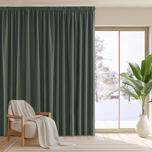 PONY DANCE Übergardinen mit Kräuselband Wohnzimmer Gardinen für Große Fenster 1er-Set H 245 x B 300 cm Raumtrenner Vorhang Blickdicht Schiene Thermogardine Wärmeisolierend, Graugrün