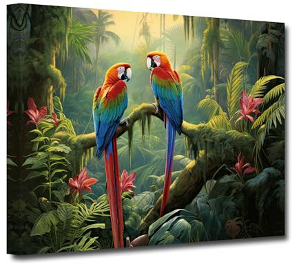CXHOSTENT Papageien Leinwand Wandbilder bunter Papagei stehend auf Ast Kunstdrucke Vogelbilder tropischer Regenwald Tierposter für Heimdekoration (C, 30.00 x 45.00 cms)