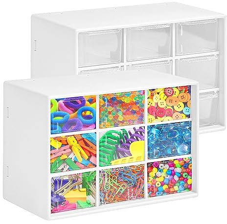 2 Pezzi Mini Cassettiera Portaoggetti, Contenitore Portaoggetti con 9 Cassetti Porta Organizer Cassettini da Scrivania Porta Minuteria Plastica per Riporre Gioielli, spille, Piccole Parti (Bianco)