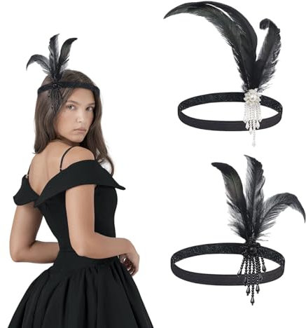 XNIVUIS 2 Stücke 1920s Stirnband Feder Damen 1920er Jahre Stil Flapper Haarband Great Gatsby Damen, ​20er Kopfschmuck Kleid Accessoires für Frauen Mädchen Fasching Kostüm Accessoires (Schwarz, Weiß)