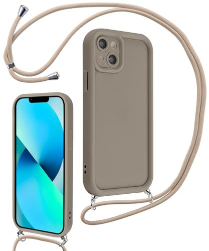 Coalbooliy Funda para iPhone 13 6,1 Avec Cordon de Collier, Silicona Carcasa Suave con Cuerda Correa Case Golpes Protección de la Cámara Cover Cadena de teléfono para Niñas Mujeres, Caqui