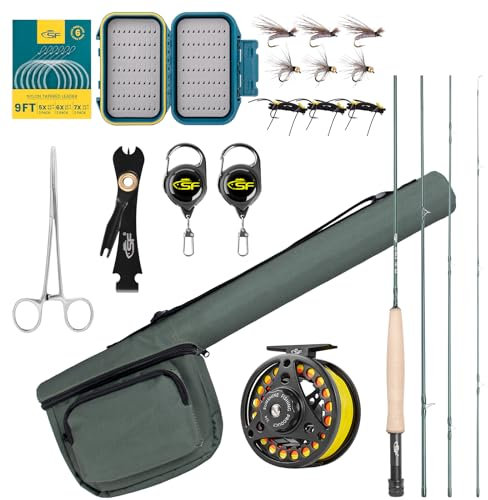 SF Fliegenruten-Kombi-Starter-Set, 4-teilig, 3WT,7.6FT, Smaragdgrün, 24 Zähne, Karbonfaser, Forellen-Fliegenrute mit Rolle, Rutenetui, Fliegenbox mit Fliegen, konisches Vorfach, Knotenbindewerkzeuge