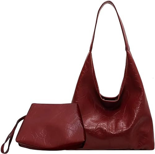WHAPELQ 2-in-1-Tragetasche für Damen, mit Tasche, Geldbörse, Leder, Hobo-Umhängetasche, große Kapazität, Crossbody-Tasche, Damen-Handtasche mit verstellbarem Riemen für Shopping, Arbeit, rot, 13.39 x
