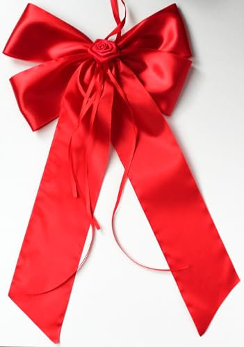CaPiSo 30 x 50 cm Große Fertigschleife ohne Basteln Satin-Schleife Satinschleife Geburtstag Weihnachtsschleife Schulanfang Schultüte Weihnachten Hochzeit Doppelschleife (Rot mit Rose)