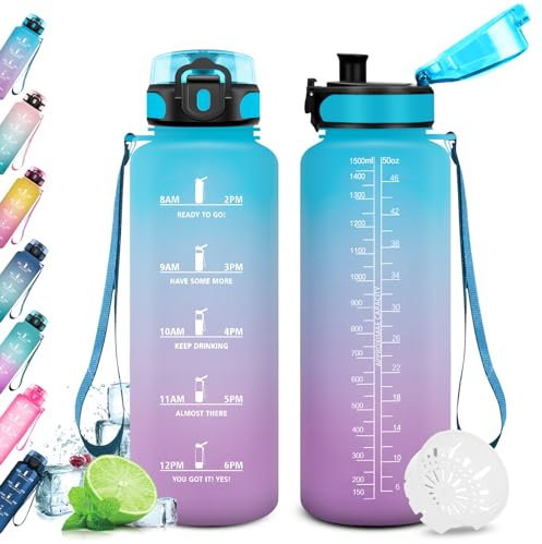 KollyKolla Trinkflasche 1.5 Liter, Große Trinkflasche Sport, Wasserflasche Auslaufsicher, Trinkflasche Kohlensäure Geeignet, Fitness Trinkflasche mit Zeitmarkierungen, Sportflasche für Erwachsener