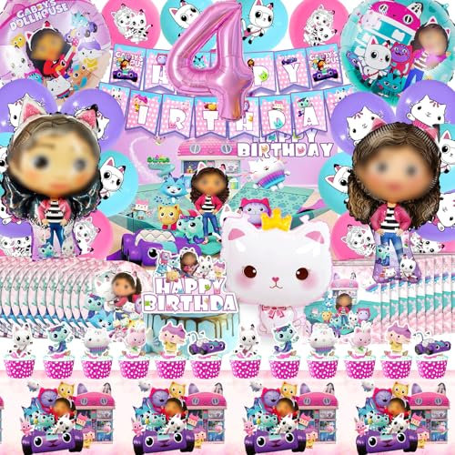 82 Pcs Gabby Compleanno 4 Anni, Party Set Feste Con Palloncini, Stoviglie e Decorazioni