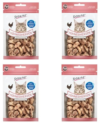 Dokas gefriergetrocknete Hühnerherzen | 4er Pack | 4 x 15 g | Leckerli für Katzen | Durch die schonende Gefriertrocknung bleiben 100% der natürlichen Nährstoff erhalten