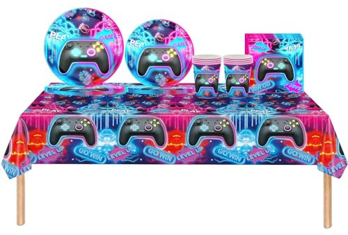 Video Game Party Tableware Set for Boy Gaming Birthday Decoration - 69Pcs Party Supplies With Plastic Table Cloth, Paper Plates, Napkins and Cups for Kids Boys Controller Birthday