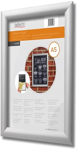 Deflecto Pk 5 x A5 Snap Frame Silver - Aluminium Clip Frames - Wall Mount Picture Frames - Posters Display Holder - Front Opening Picture Frame Clips