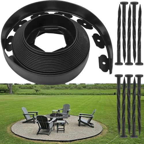 10M Lawn Edging Border, 6cm tall Plastic Garden Edging Border with 60 Pegs, Flexible Landscape Edging for Flower Beds, Lawns, Grass and Pavement, Black