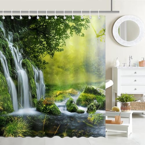 Avezano Garden Shower Curtain 3D Waterfall Green Nature Spring Forest Bathroom Shower Curtain Landscape Scenery Waterproof Home Bath Decor with 12 Hooks 72 X 72 Inches