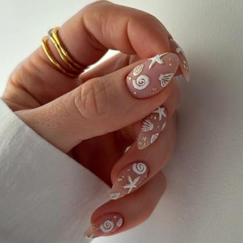 Kaichen Press On Nails - Ocean & Shell & Stars Medium Almond Nails | 12 Sizes - 24pcs Nail Kit with Adhesive Tabs