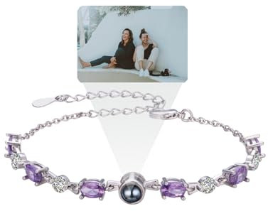 AVINVAN 925 Sterling Silver Personalised Bracelet for Women - Photo Bracelet with Custom Engraving - Memory Gift,Amethyst