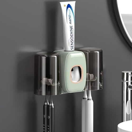 Automatischer Zahnpastaspender & Zahnbürstenhalter, wasserdicht, Zahnpastaspender zur Wandmontage mit 4 Bürstenschlitzen & 2 Bechern, Zahnpastaspender-Organizer für Badezimmerzubehör (Grün)