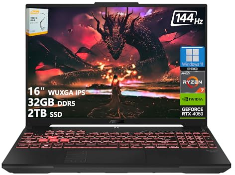 ASUS TUF A16 Gaming Laptop | 16 WUXGA IPS 144Hz | AMD 6-Core Ryzen 7 7445HS | 32GB DDR5 2TB SSD | NVIDIA GeForce RTX 4050 (194 AI Tops) | Backlit Keyboard USB 4 Wi-Fi 6 Win11 Pro w/DLCA Accessory