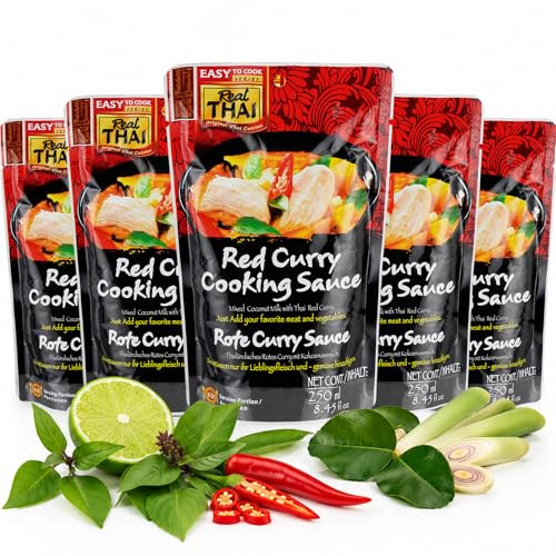 Real Thai Rote Curry Sauce 250ml – 5er Pack – Original Thailändische Currysauce mit Kokosnussmilch – Fertigsauce ohne Zusatzstoffe – Authentisches Thai Curry, Würzsauce für Asiatische Gerichte