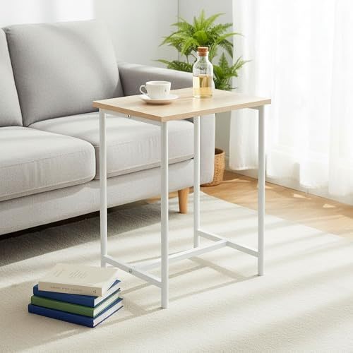 INDE MOBLEKIT | Mesa Auxiliar Metal y Madera 40x30x50 cm con Patas Blancas, Mesita Lateral Compacta Acabado Mate, Ideal para Salón, Dormitorio, Entrada o Mesa de Noche