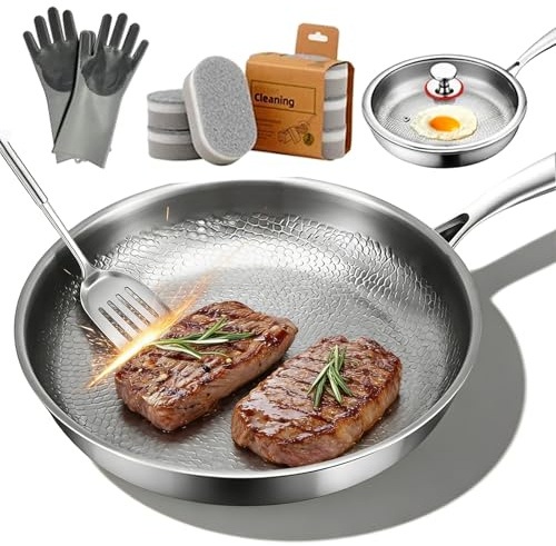 rialgirw Padella antiaderente in titanio, pentola da cucina professionale in titanio martellato aggiornata 2026 con coperchio per tutti i piani cottura, resistente al calore estremo (NO Lid,26CM)