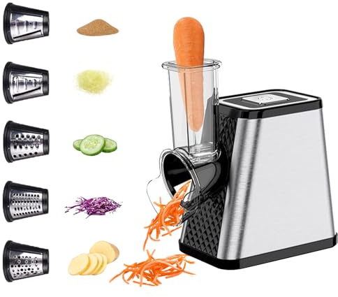 Grattugia per verdure elettrica multifunzione 800 W - Taglierina per verdure 5 in 1 con 5 lame in acciaio inox - Tritatutto elettrico per formaggio, carote, patate e cetrioli (A)
