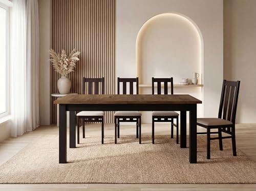 Esstisch Ausziehbar Rechteckig – Platzsparend, Verlängerbar Wohnzimmertisch Küchentisch für 8 personen - 140 × 80 cm bis 180 cm – Schwarze Holzbeine – Hergestellt in EU – Eiche Lefkas Rustikal
