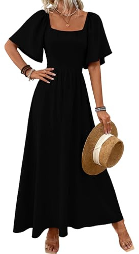 LIAMERHE Women's Summer Maxi Dress Elegant Square Neck Flutter Sleeve Long Sun Dress Boho A-Line Tea Dress High-Waisted Flowy Party Wedding Guest Dress Plain Casual Holiday Dresses