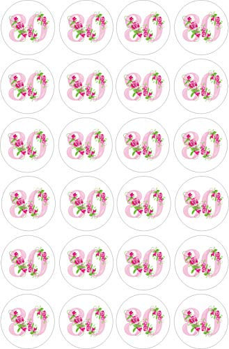 cdb 24 80th Birthday Pink roses Toppers Iced / Icing Cupcake Topper Edible Fairy Cake Bun Frosting fondant Round
