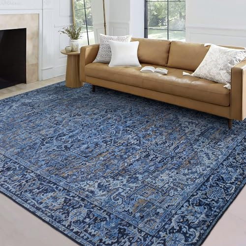 ReaLife Maschinenwaschbar Teppich - Wohnzimmer Schlafzimmer Badezimmer Küche Flur Büro - rutschfest Kurzflor Premium-Fleckenbeständig - Boho Vintage Traditionell - Lyle - Blau - 150 x 210