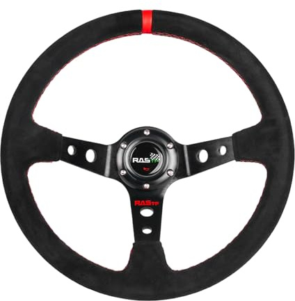 RASTP Universal Racing Steering Wheel Suede Deep Dish 13.58”/345mm 6 Bolts with Horn Button Include Cable, Wrench,Red