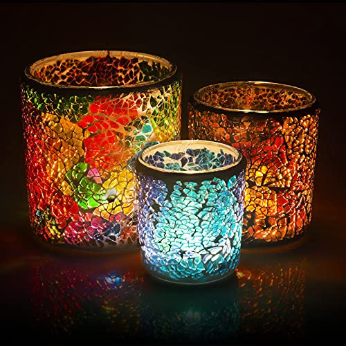Larcenciel Teelichthalter Set, 3 Stück Mosaik Kerzenhalter Glas Kerzenständer Handgemacht Teelichtaufsatz Romantischer Kerzenleuchter Teelichter für Hochzeit, Party, Weihnachten, Geburtstag