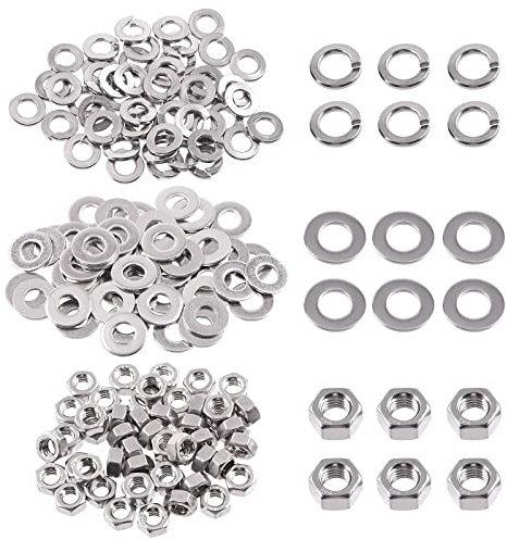 Swpeet 150Pcs SAE 304 Stainless Steel 1/4-20 Hex Nuts and #1/4 Flat Washers with #1/4 Split Lock Washers Assortment Kit, Coarse Thread Hexagon Nut for Home Automotive Shop Use