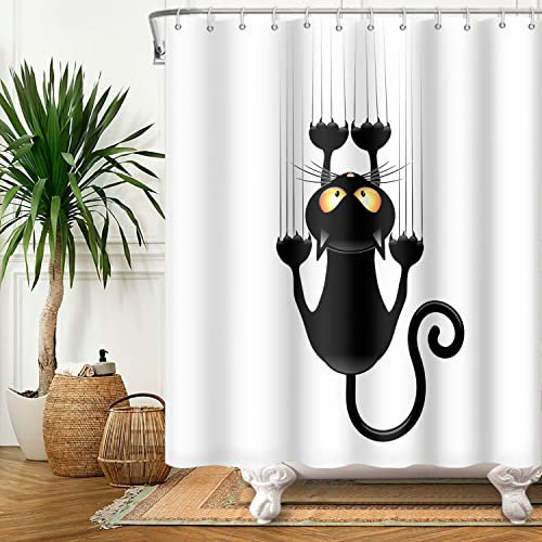 SDOTPMT 105x160cm Nero Gatto con Affilato Zampe Tenda da Doccia - Carina Divertente Gattino Bagno Bianco Sfondo - Tessuto Poliestere con Ganci